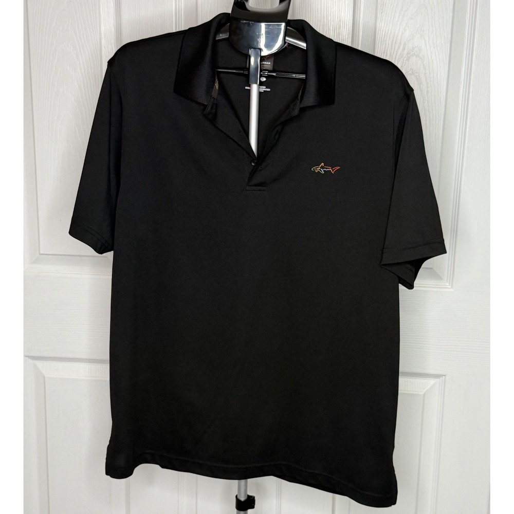 Greg Norman Tasso Elba Five Iron Polo Mens L Black Play Dry Golf Shark Logo